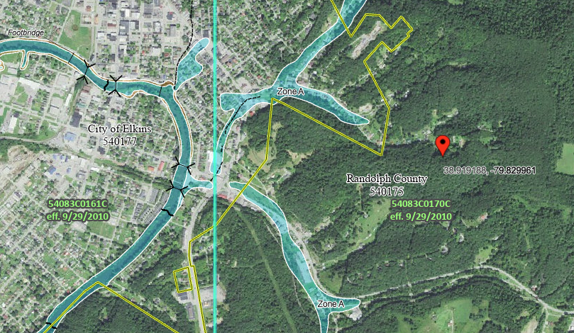 A FEMA flood zone map showing parts of Elkins, WV.