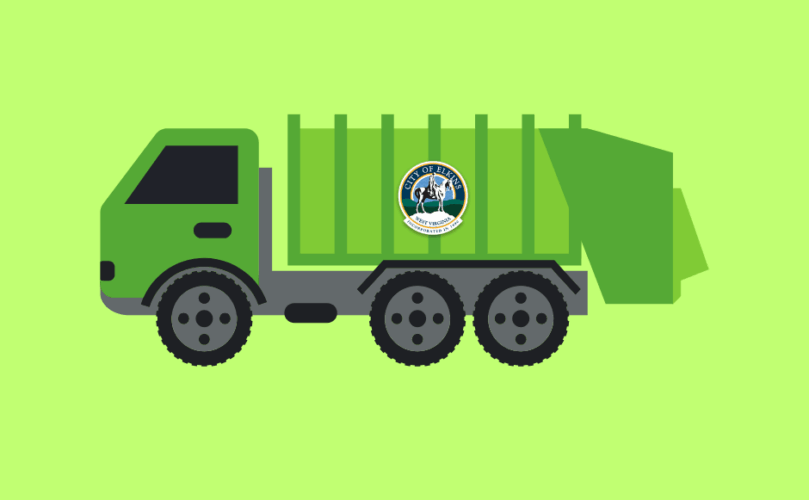 an image of a garbage truck in Elkins. The point is to highlight the new garbage bag limit policy as of September 2025